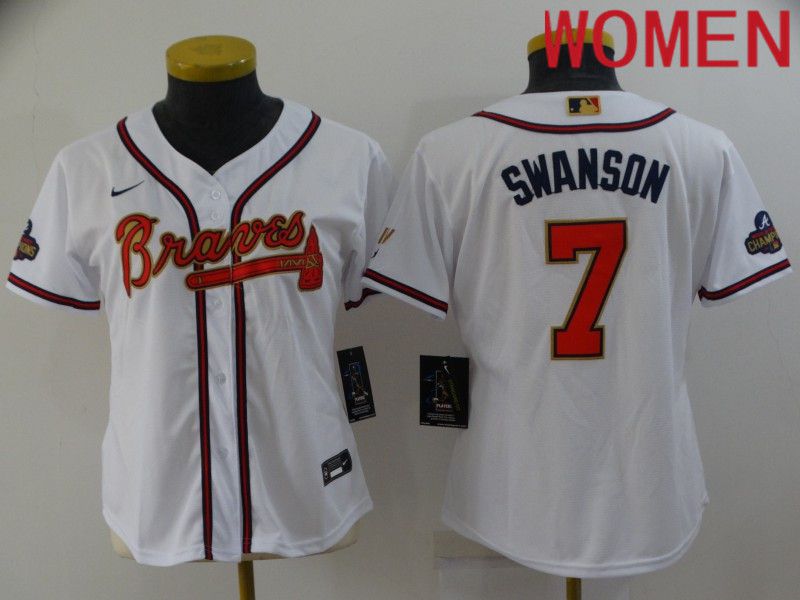 Women Atlanta Braves 7 Swanson White Gold Game Nike 2022 MLB Jersey